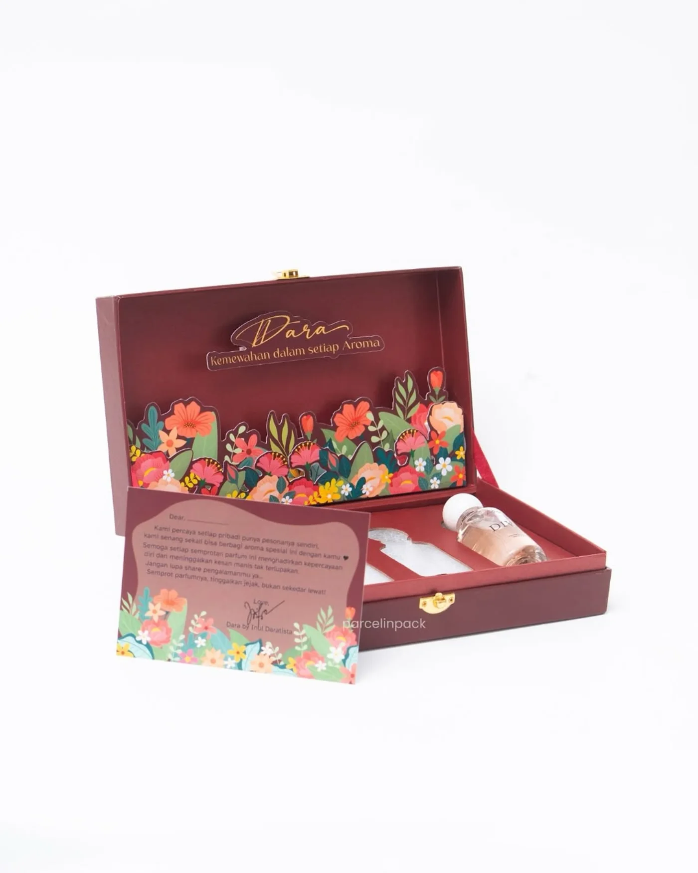 Hampers terbuka dengan motif bunga buatan Parcelin
